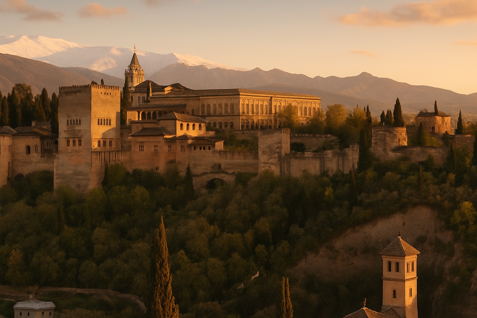 Blick vom Mirador San Nicolás im Albaicín auf die Alhambra vor der verschneiten Sierra Nevada