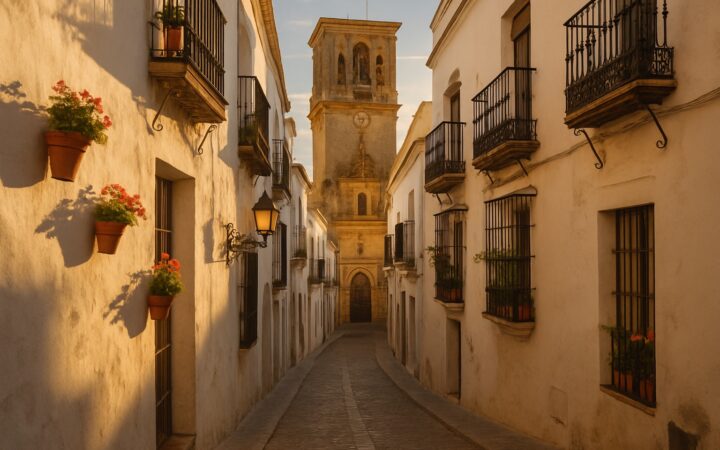 Das weiße Dorf Arcos de la Frontera auf einem Felssporn über dem Fluss Guadalete