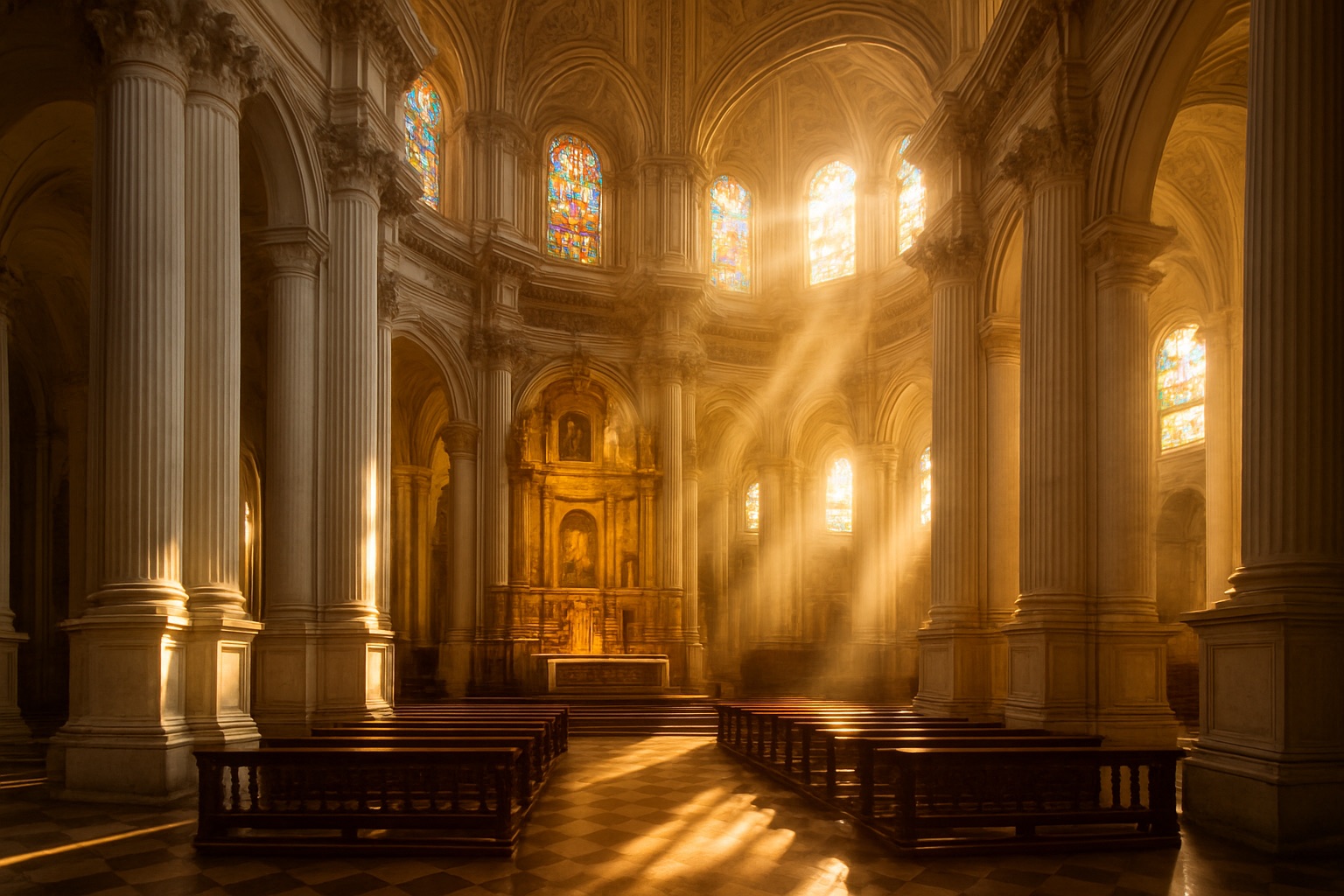 Lichtdurchfluteter Renaissance-Innenraum der Kathedrale von Granada mit weißen Pfeilern und goldenem Hauptaltar