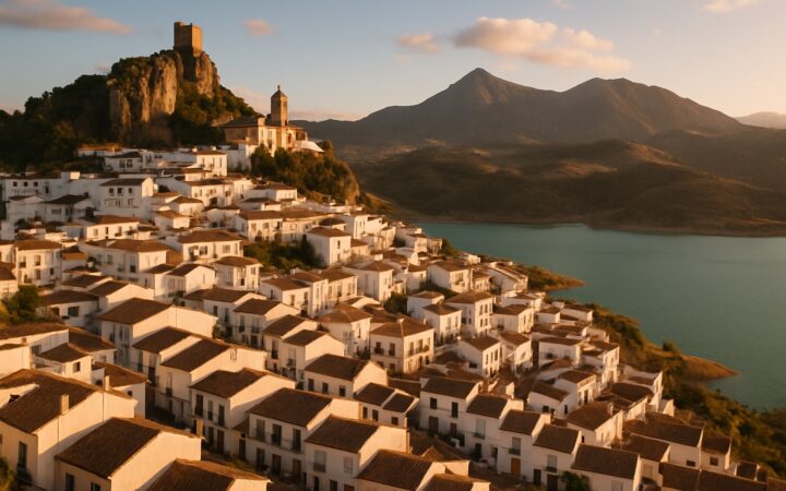 Weißes Dorf Zahara de la Sierra über einem türkisen Stausee in Andalusien