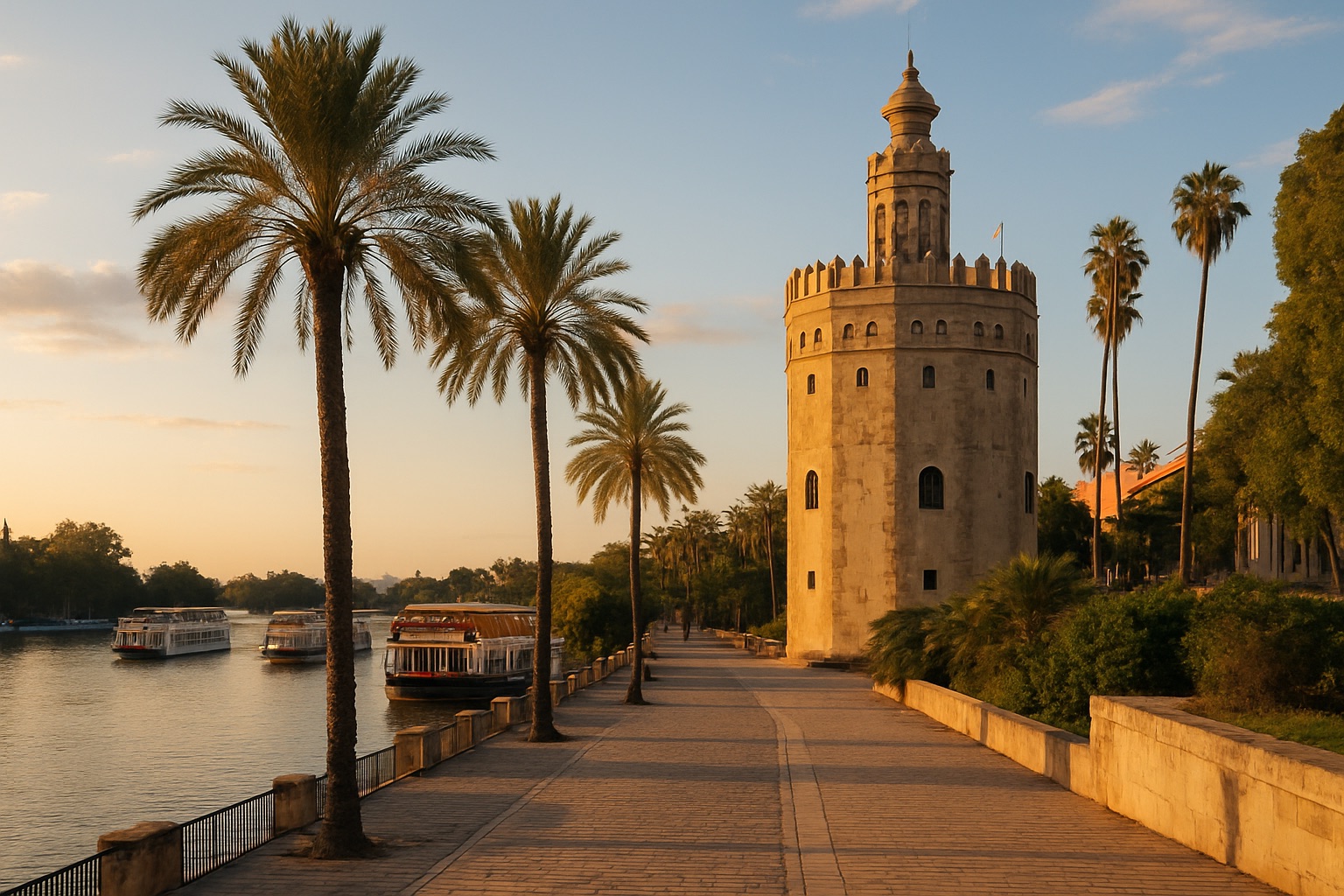Der zwölfeckige Torre del Oro am Ufer des Guadalquivir in Sevilla im warmen Abendlicht