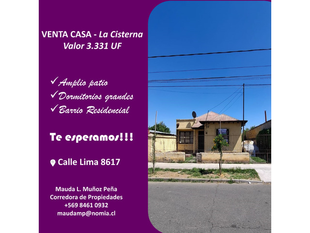 Venta casa en La Cisterna Amplio terreno.Villa Augusto Biaut.
