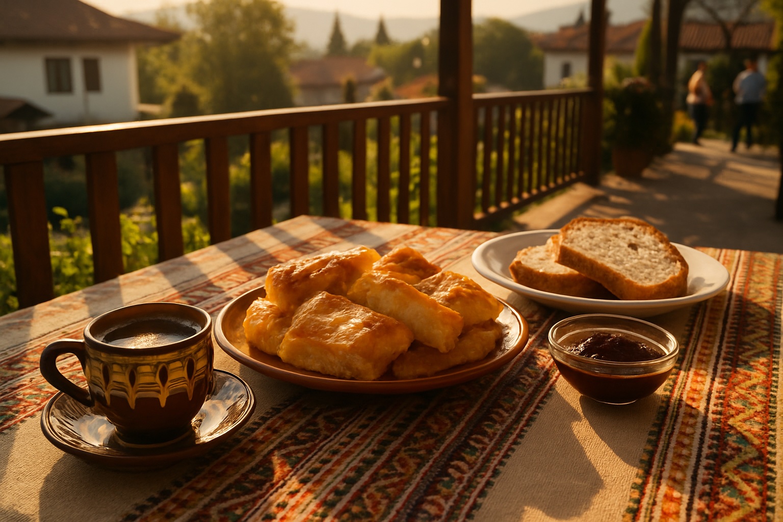 Gedeckter Tisch mit bulgarischem Kaffee, Banitsa und frischem Gebäck auf einer sonnigen Terrasse