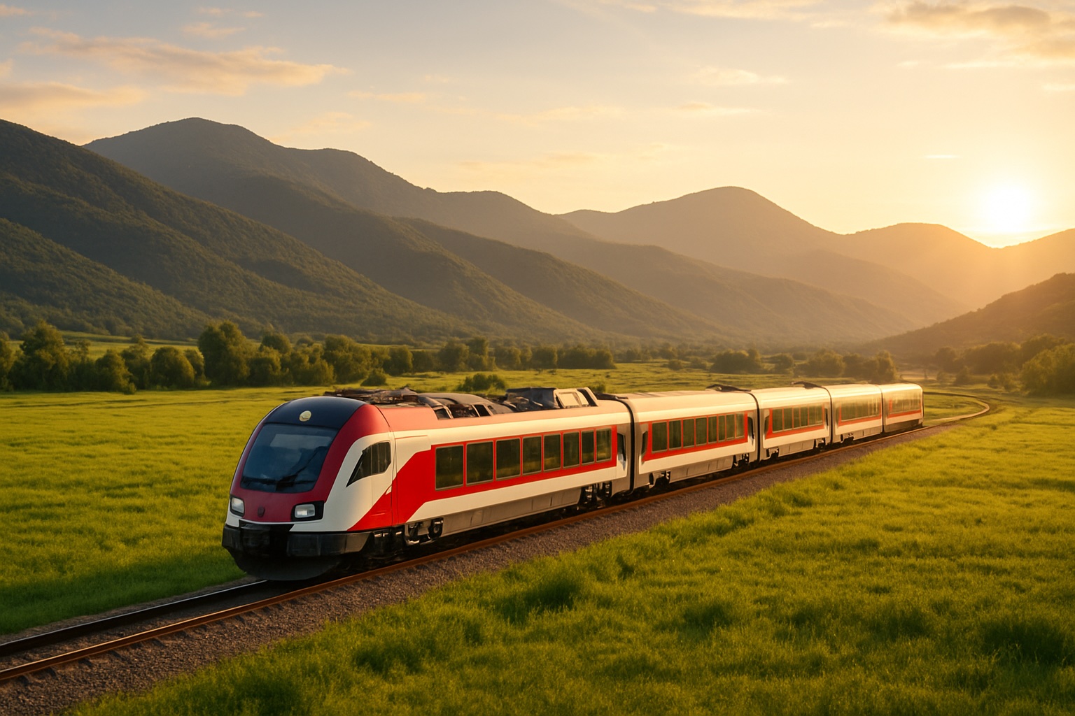 Moderner Fernzug fährt durch ein grünes bulgarisches Tal mit Bergen im Hintergrund im warmen Abendlicht