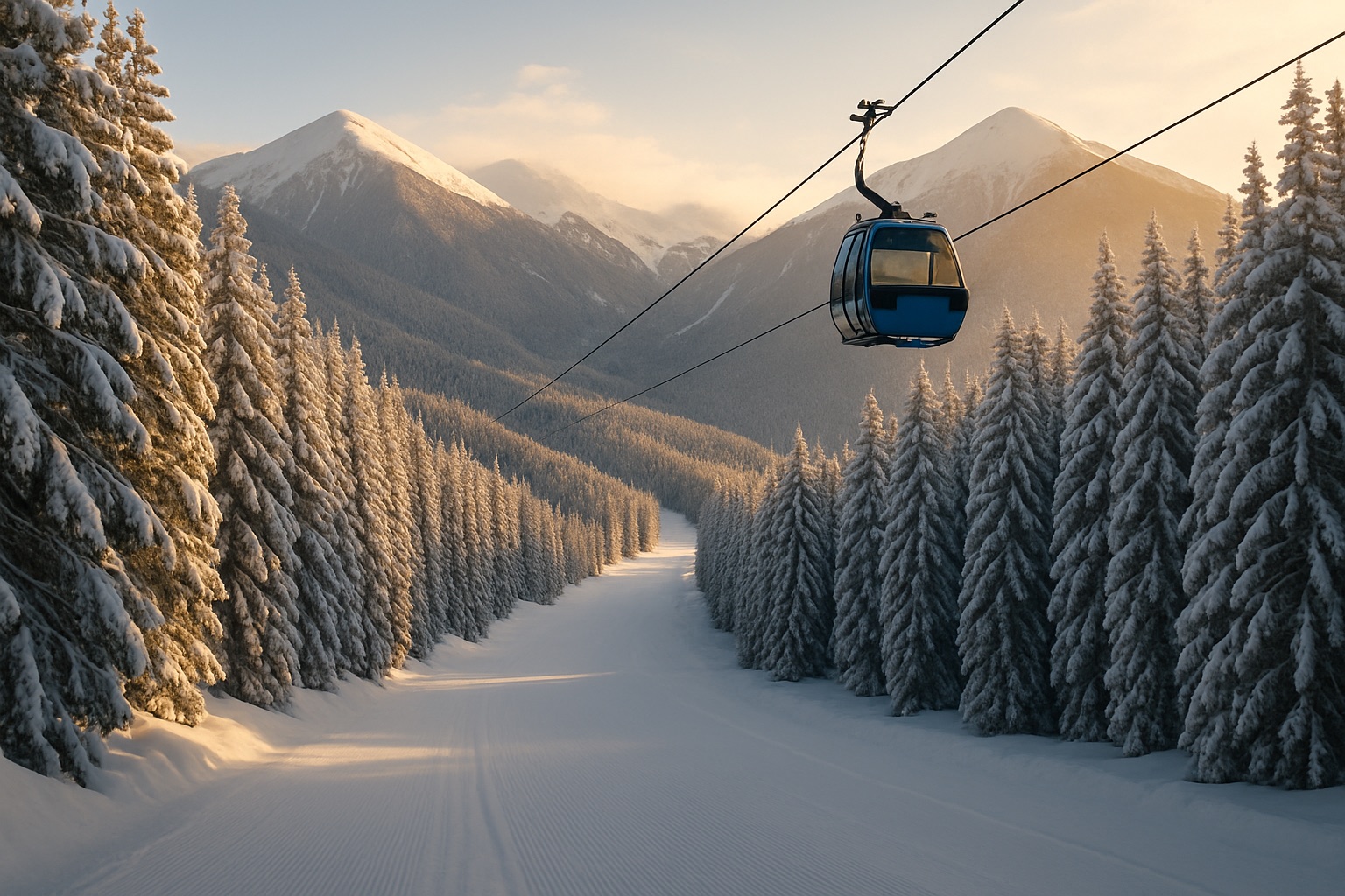 Verschneite Skipisten und Gondelbahn oberhalb von Bansko im Pirin-Gebirge im goldenen Abendlicht