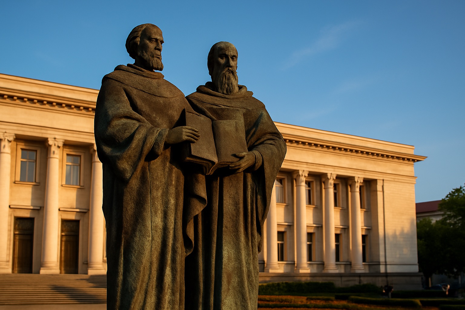 Bronzedenkmal der Slawenapostel Kyrill und Method mit einem Buch vor der Nationalbibliothek in Sofia