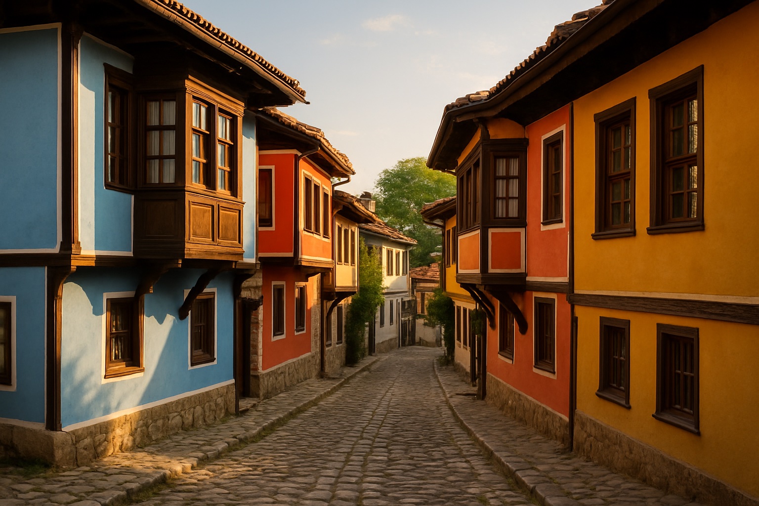 Kopfsteingepflasterte Gasse mit restaurierten Wiedergeburts-Häusern im Altstadtviertel Waroscha in Blagoewgrad