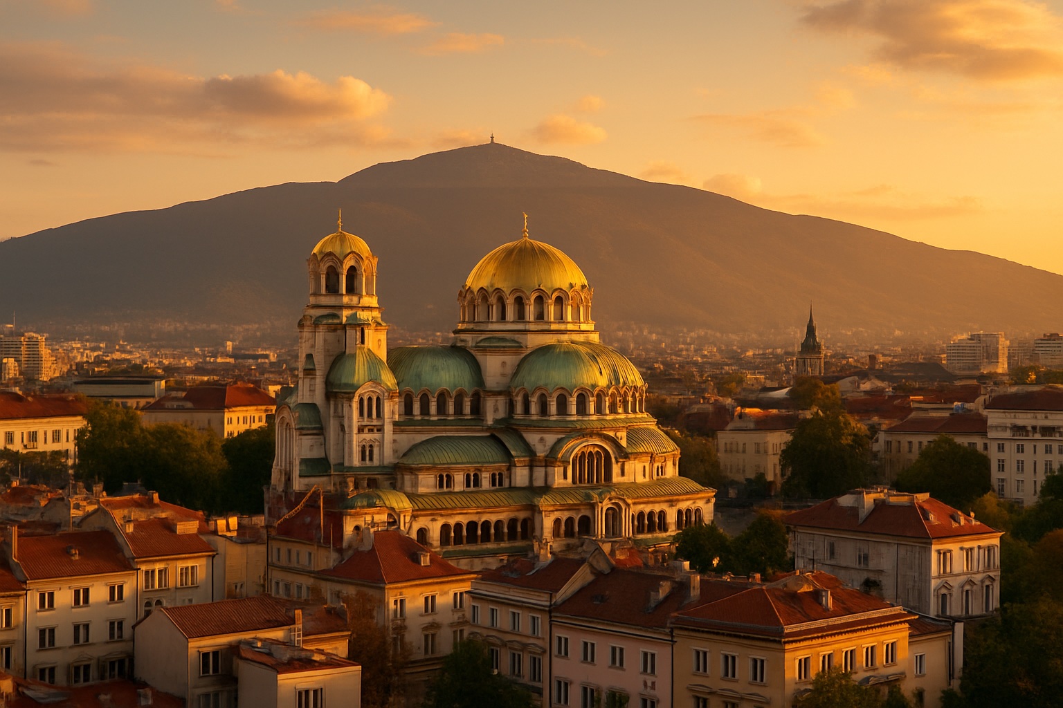 Panoramablick über Sofia mit den goldenen Kuppeln der Alexander-Newski-Kathedrale und dem Witoscha-Gebirge im Abendlicht