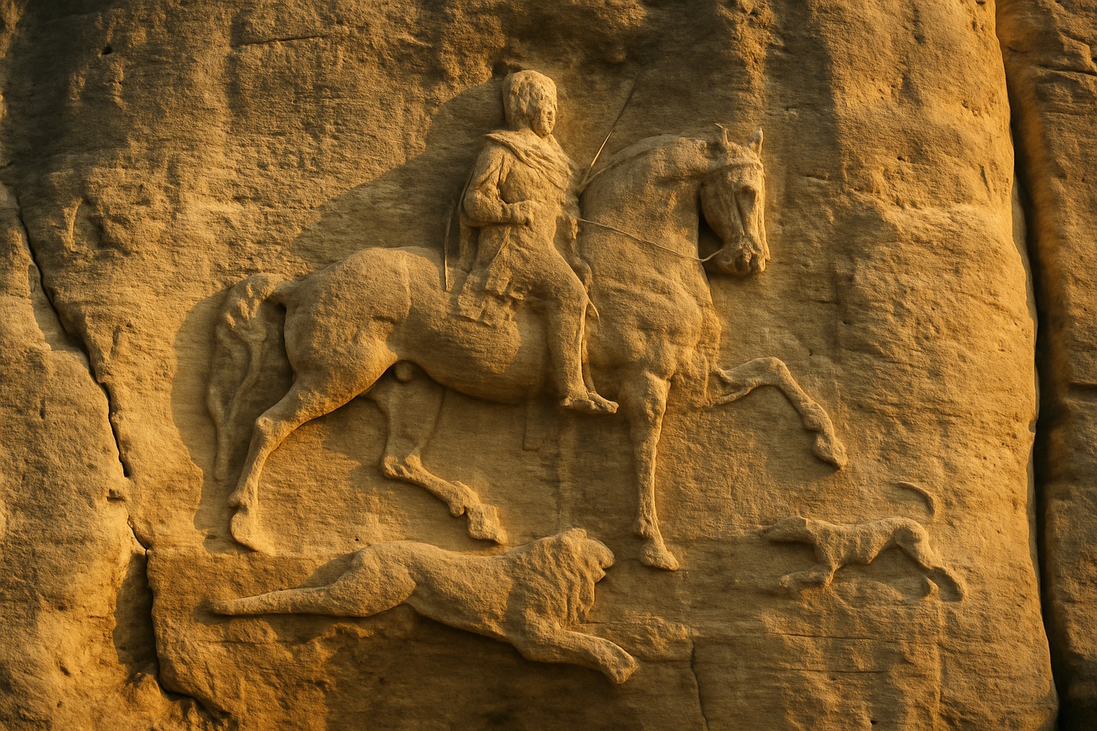 Der in den Fels gehauene Madara-Reiter, ein Reiterrelief mit Löwe und Hund, an einer steilen Felswand