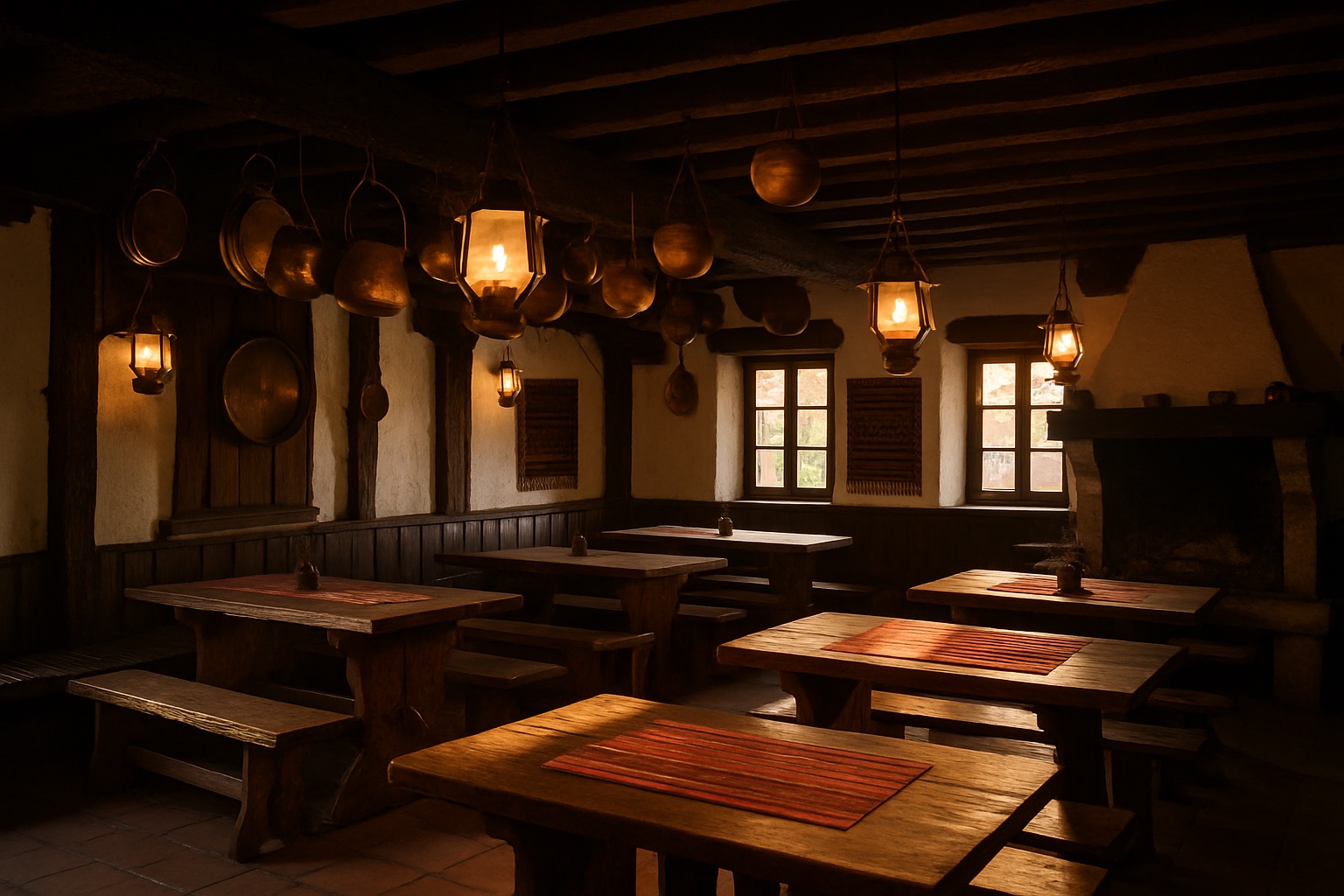 Warmes rustikales Interieur einer traditionellen bulgarischen Mehana-Taverne mit Holztischen, Kupfergeschirr und Laternenlicht