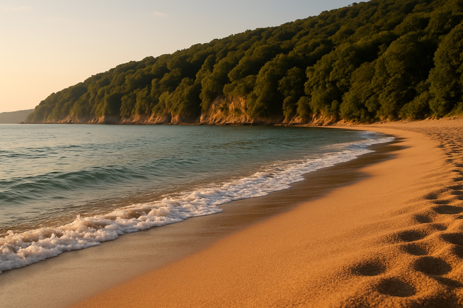 Goldgelber feiner Sandstrand am Goldstrand bei Warna vor bewaldeten Steilhängen im Abendlicht