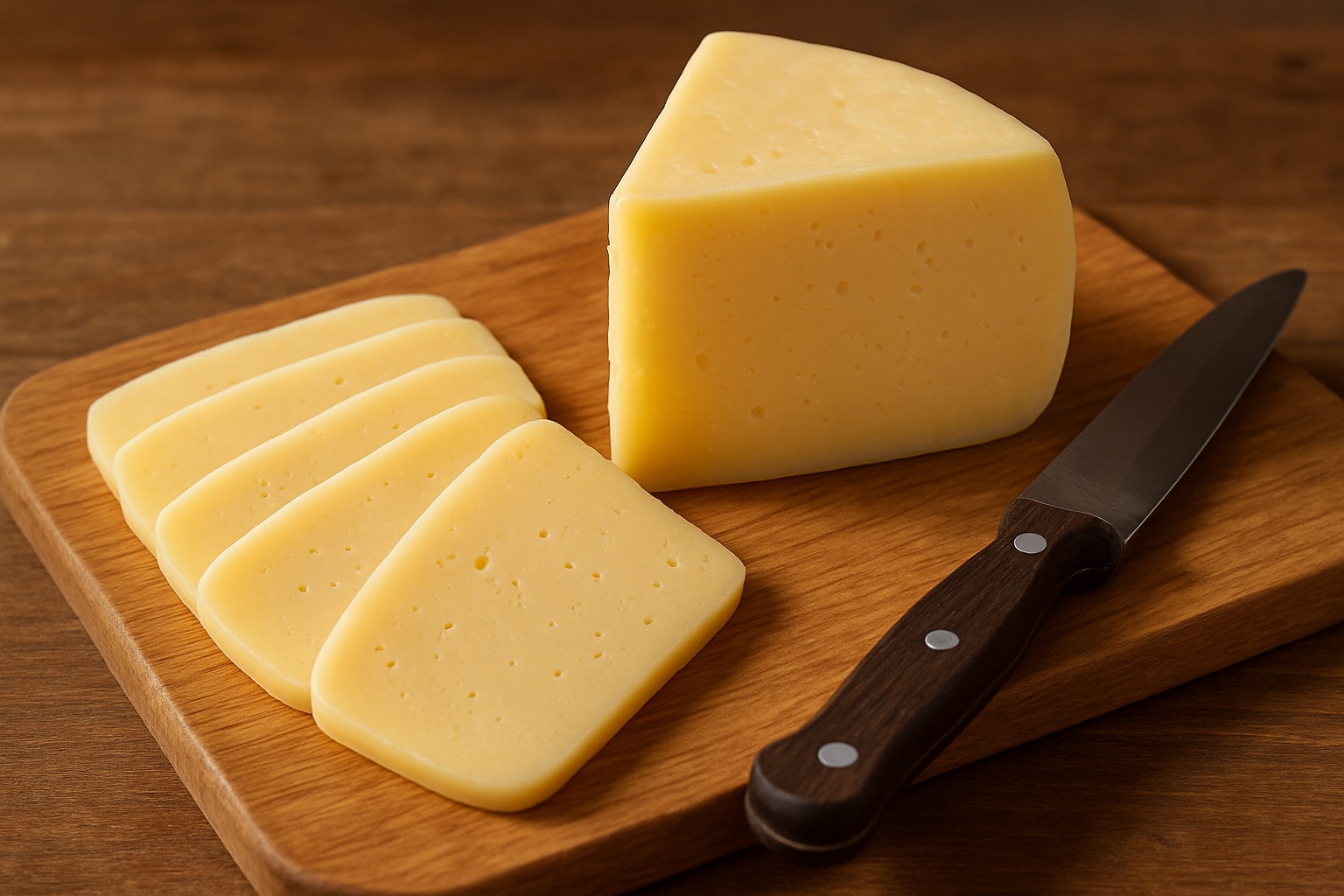 Scheiben und ein Stück blassgelber bulgarischer Kaschkawal-Käse auf einem Holzbrett mit Messer