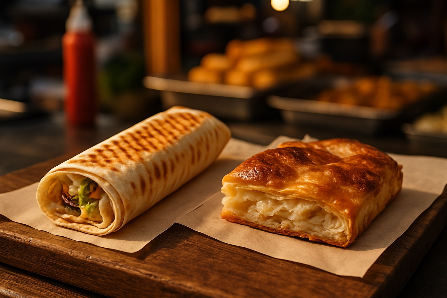 Bulgarisches Streetfood, ein goldener gegrillter Djuner-Wrap und ein Stück Banitsa auf Papier an einem Marktstand