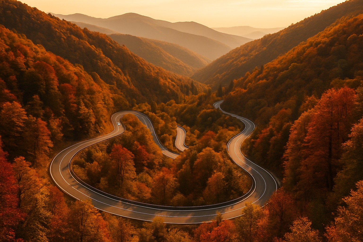 Kurvenreiche Passstraße mit Serpentinen durch das herbstlich gefärbte Balkangebirge in Bulgarien im goldenen Licht