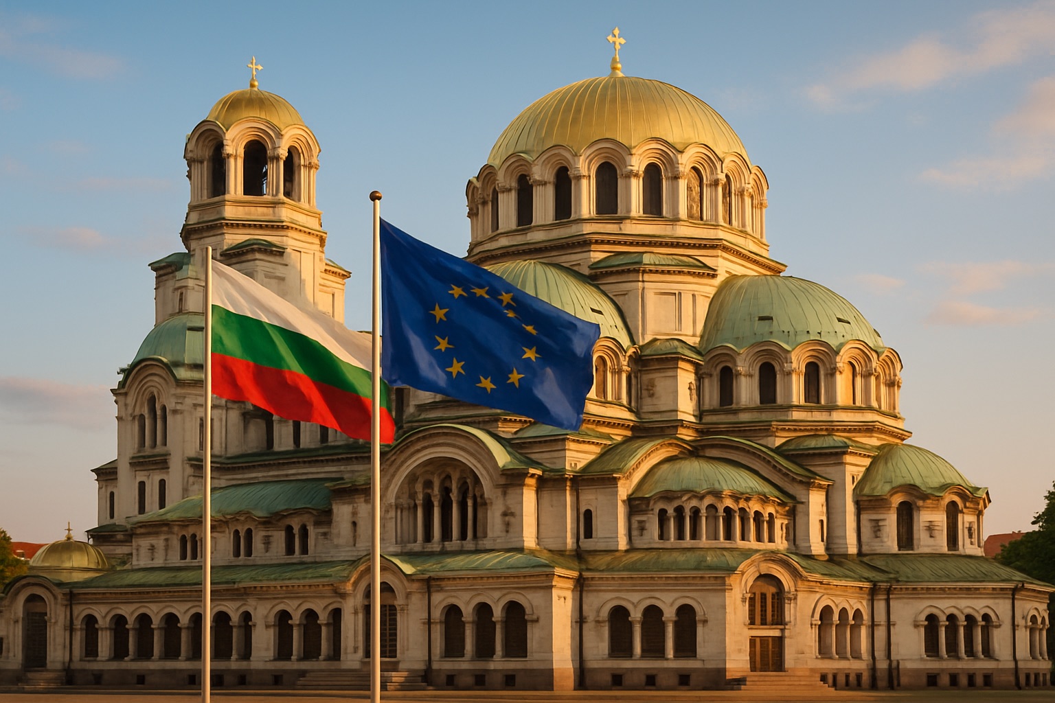 Die goldkuppelige Alexander-Newski-Kathedrale in Sofia mit wehenden bulgarischen und europäischen Flaggen
