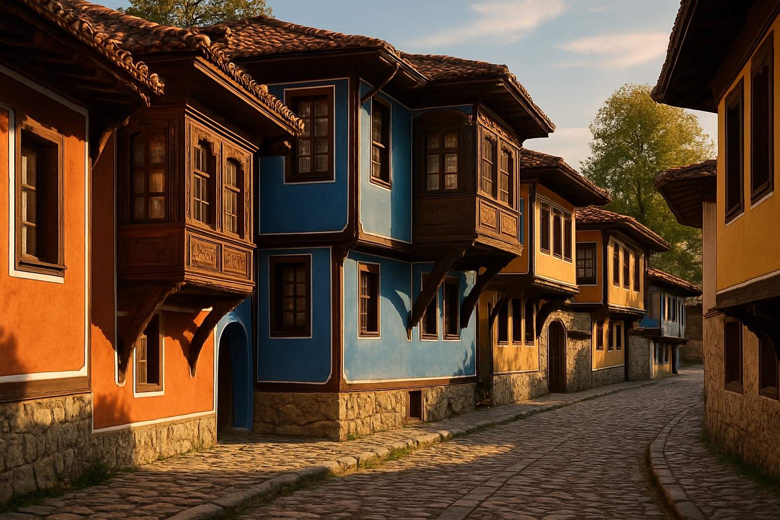 Bunte Wiedergeburtshäuser mit auskragenden Erkern in der historischen Altstadt von Koprivschtiza