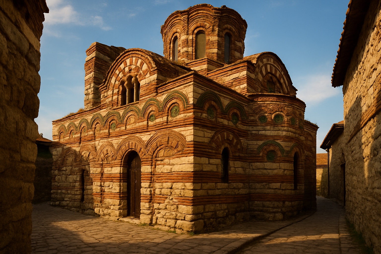 Byzantinische Kirchenruine aus rotem Backstein und Stein in der Altstadt von Nessebar am Schwarzen Meer im Abendlicht