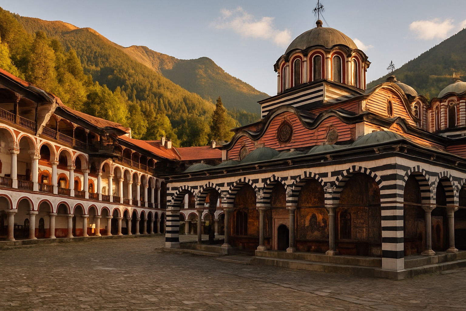 Innenhof des Rila-Klosters mit den charakteristischen schwarz-weiß gestreiften Arkaden und bemalten Bögen