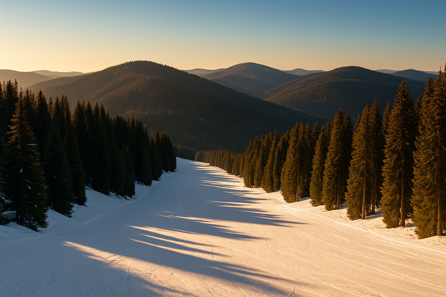 Sonnige breite Skipisten über bewaldeten Bergrücken in Pamporowo in den Rhodopen im goldenen Licht