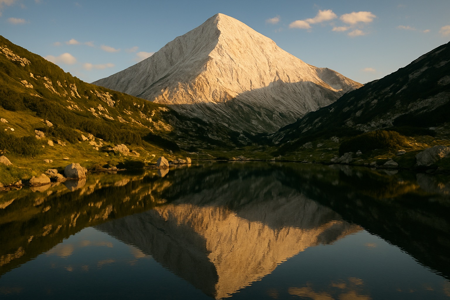 Heller Marmorgipfel Vihren über Gletschersee im Pirin-Nationalpark Bulgariens im goldenen Abendlicht