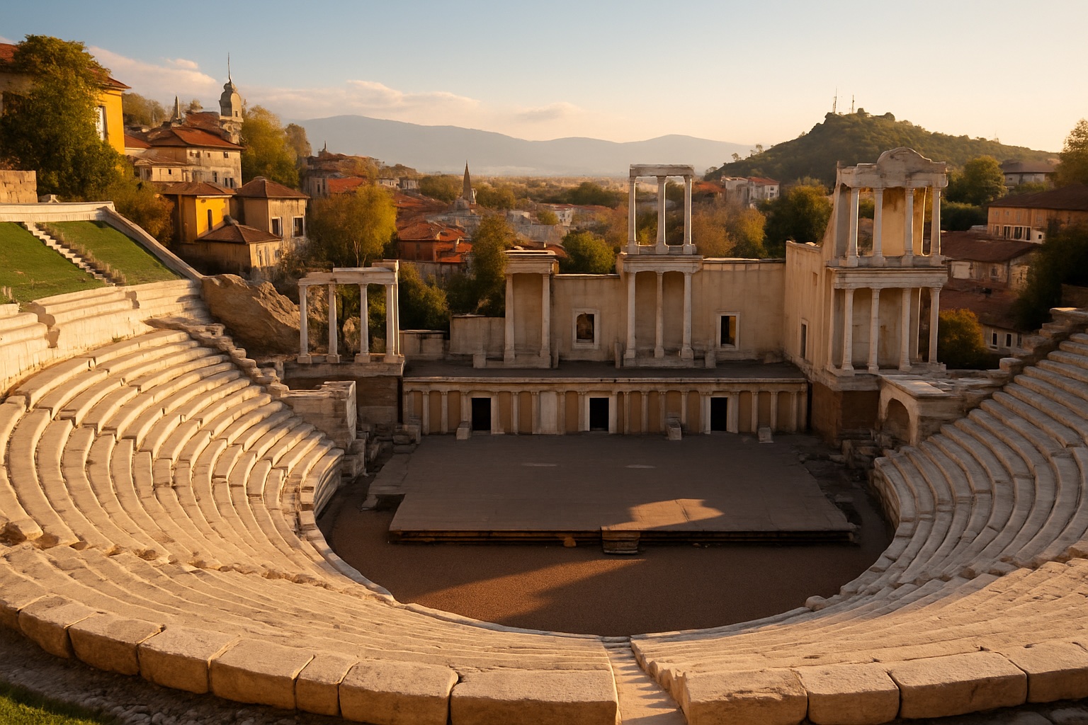 Das antike römische Theater von Plowdiw mit steinernen Sitzreihen und der Stadt im Hintergrund