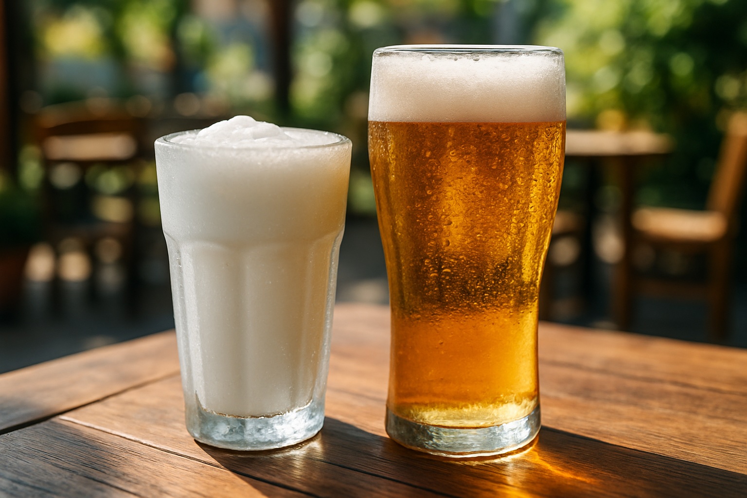 Ein Glas weißer Ajran-Joghurtdrink neben einem goldenen bulgarischen Bier mit Kondenswasser auf einem Holztisch