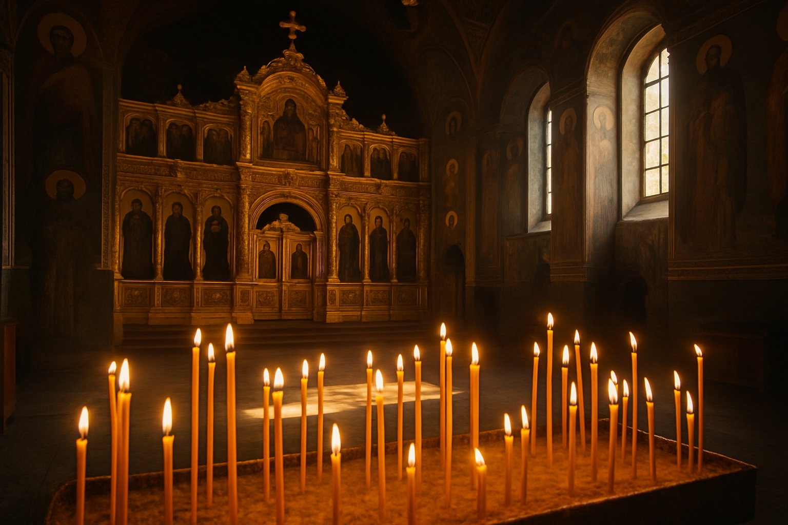 Innenraum einer bulgarisch-orthodoxen Kirche mit goldener Ikonostase, Fresken und brennenden Kerzen