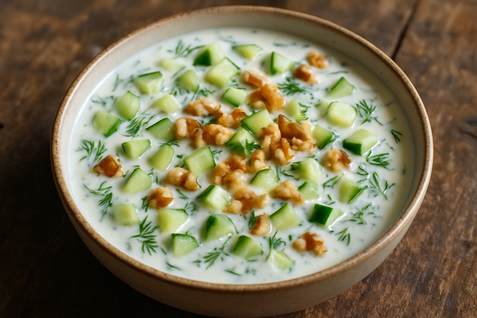 Eine Schale kalter Tarator, cremiger Joghurt mit Gurkenwürfeln, Dill und Walnüssen auf einem rustikalen Tisch