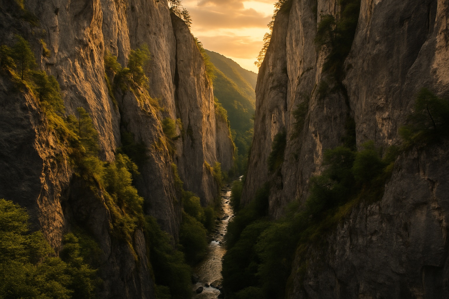 Enge Trigrad-Schlucht mit hohen Felswänden und Fluss in den Rhodopen Bulgariens im goldenen Licht