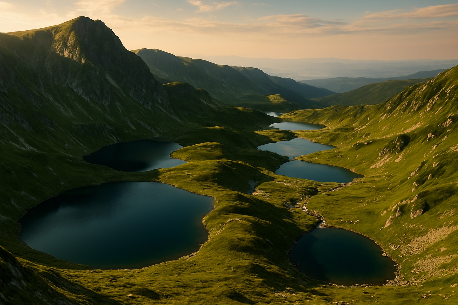 Kette der Sieben Rila-Seen als glasklare Gletscherseen im Rila-Gebirge Bulgariens im goldenen Morgenlicht