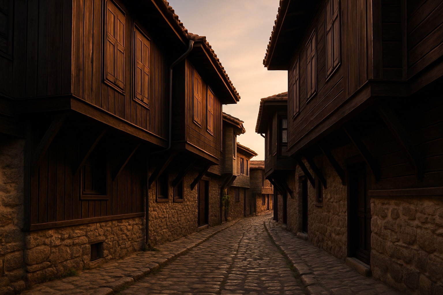 Historische Holzhäuser der Altstadt von Sozopol auf einer Halbinsel am Schwarzen Meer im goldenen Abendlicht