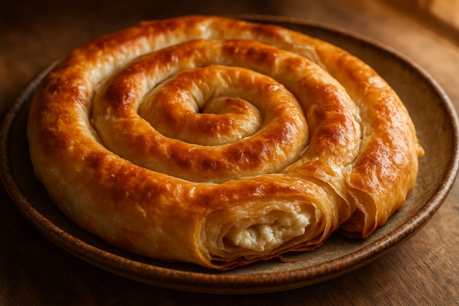 Frisch gebackene goldene Banitsa aus Blätterteig mit Weißkäse auf einem rustikalen Teller
