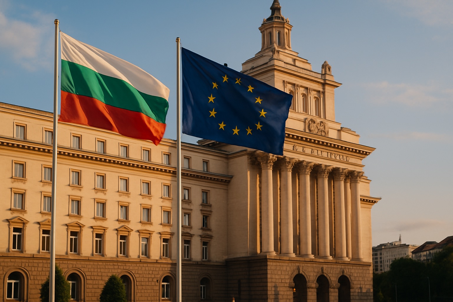 Die bulgarische und die europäische Flagge wehen gemeinsam vor einem Regierungsgebäude in Sofia