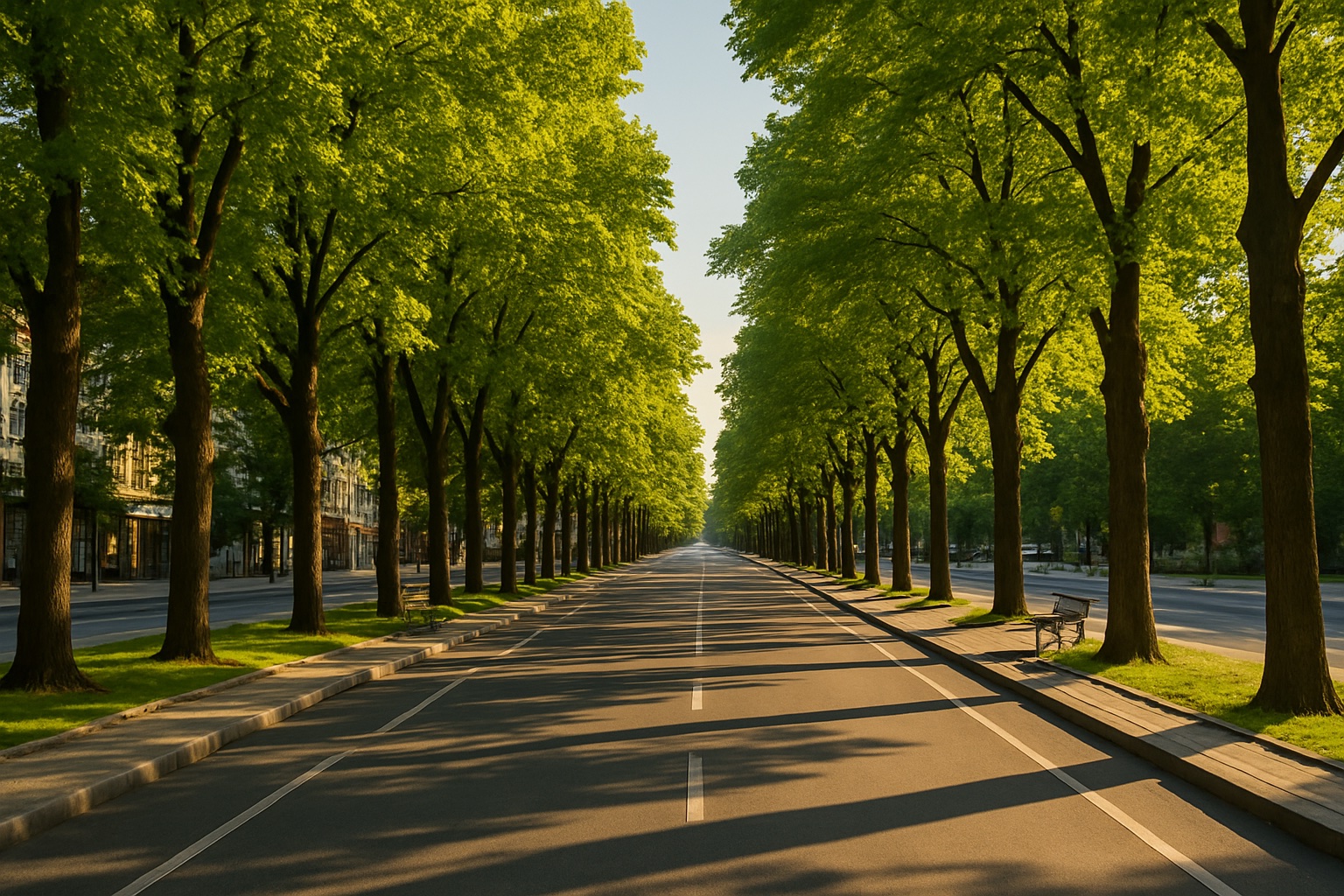 Ein lindengesäumter Boulevard in Stara Sagora mit Blick auf die grüne Innenstadt