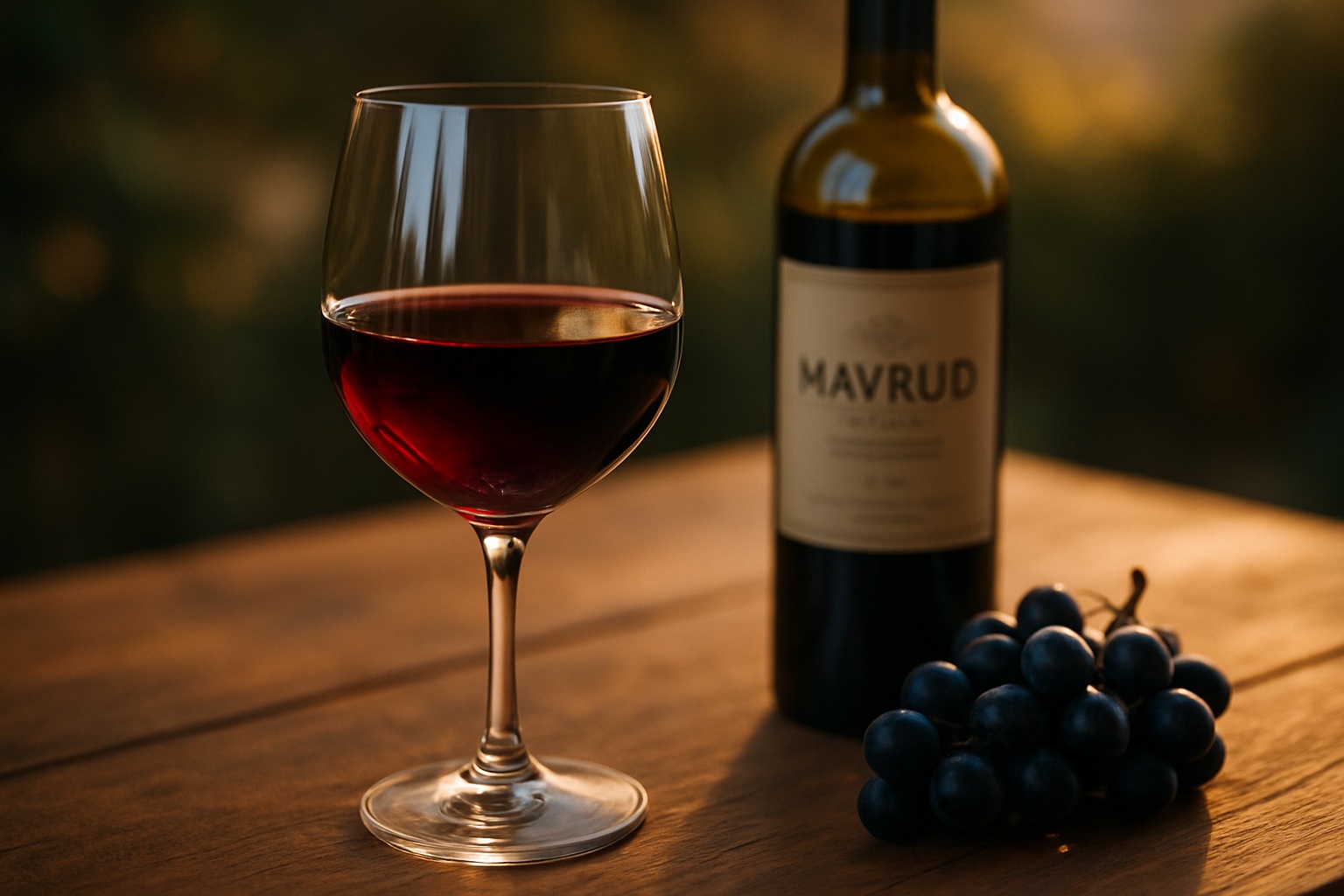 Glas mit tiefrotem bulgarischem Mavrud-Wein neben einer Flasche und dunklen Trauben auf einem Holztisch