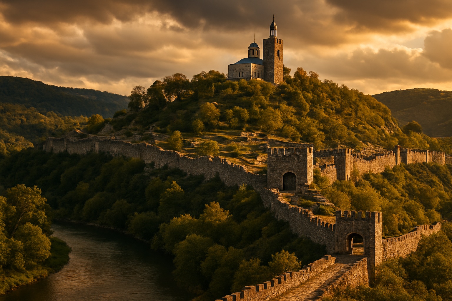 Die Festung Zarewez über der Flussschleife der Jantra in Weliko Tarnowo im Abendlicht