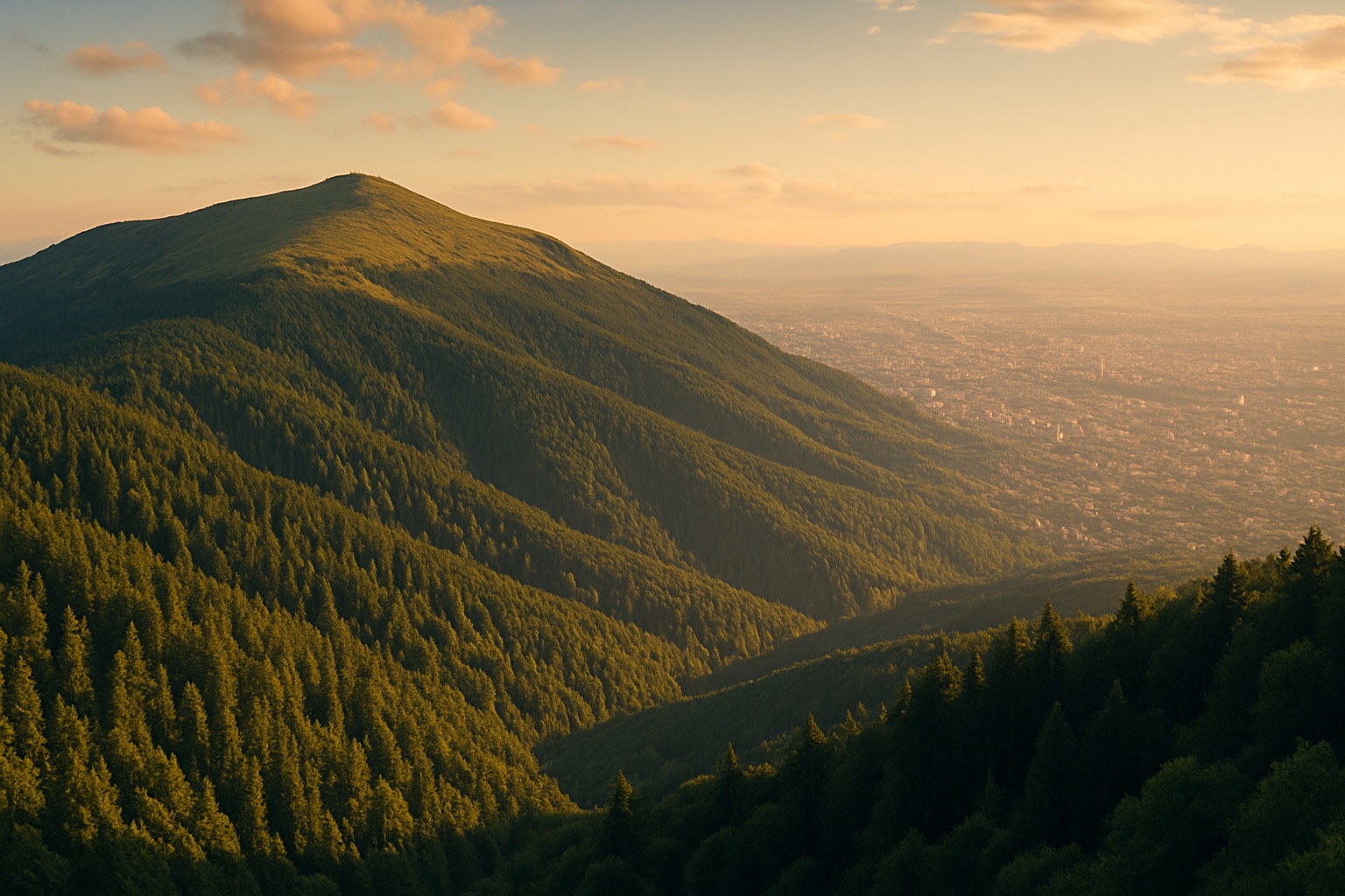 Bewaldete Hänge und Gipfel der Witoscha oberhalb von Sofia mit Blick über die Stadt im goldenen Abendlicht