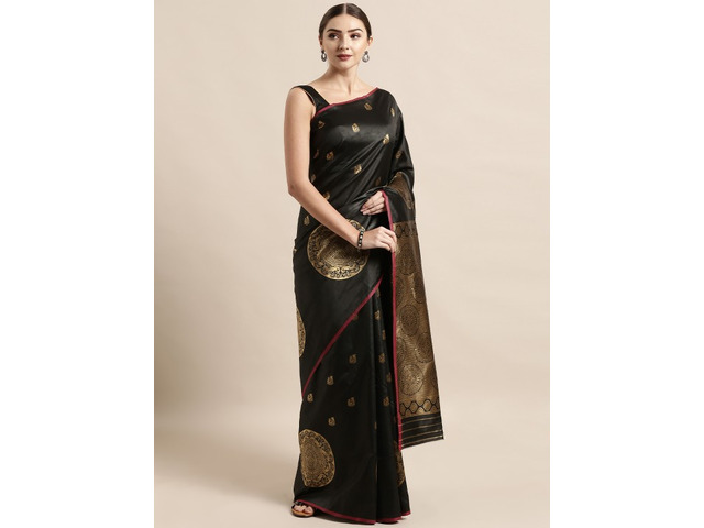 VASTRAD Black & Gold-Toned Silk Blend Woven Design Banaras Saree