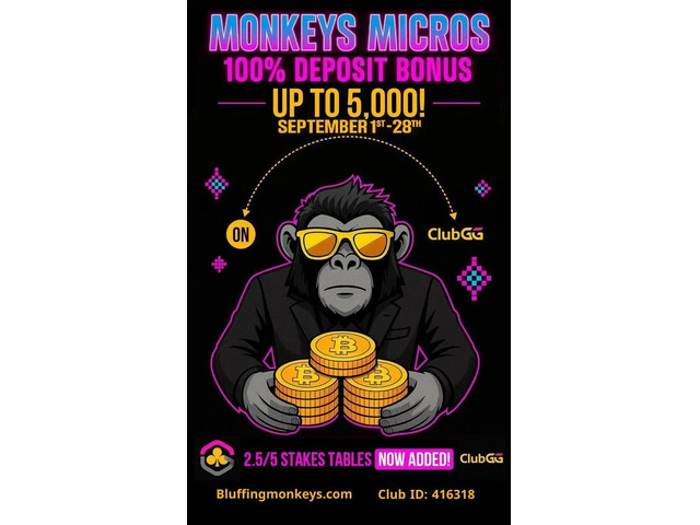 100% Deposit Bonus | Monkeys Micros Poker