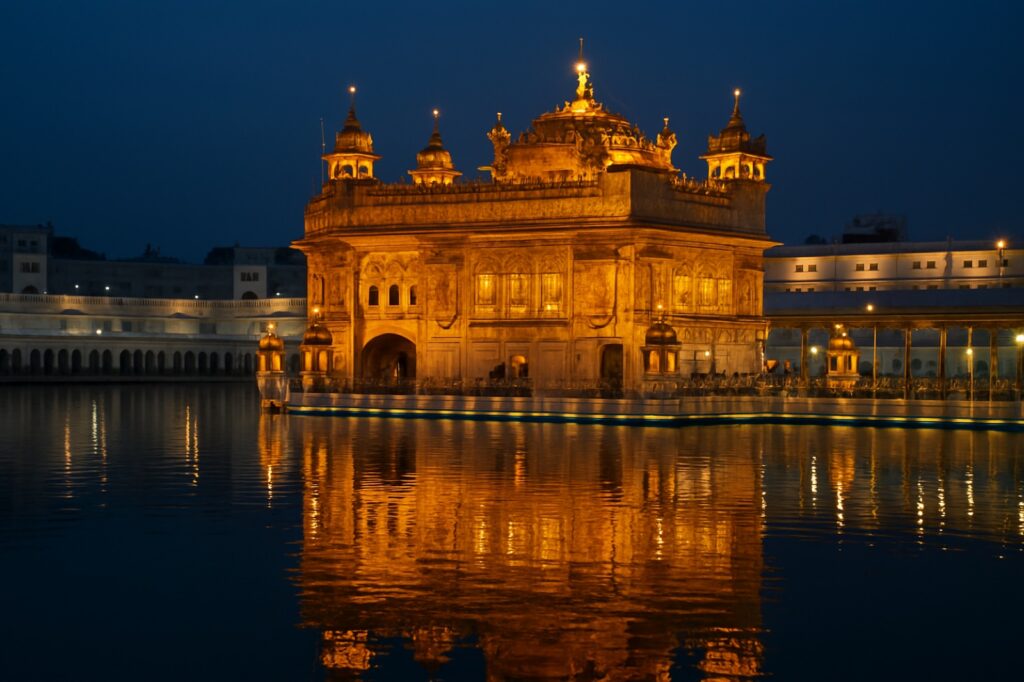 Der beleuchtete Goldene Tempel spiegelt sich nachts im heiligen Becken