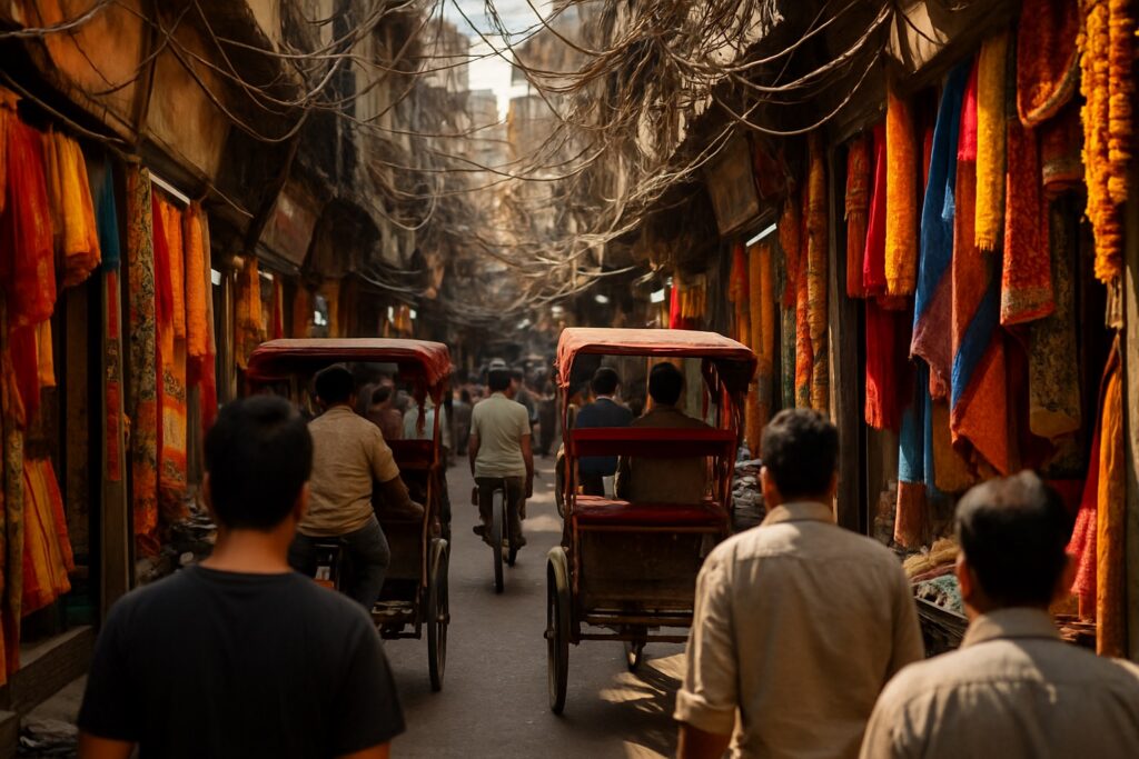 Eine belebte Marktgasse in Alt-Delhi nahe Chandni Chowk