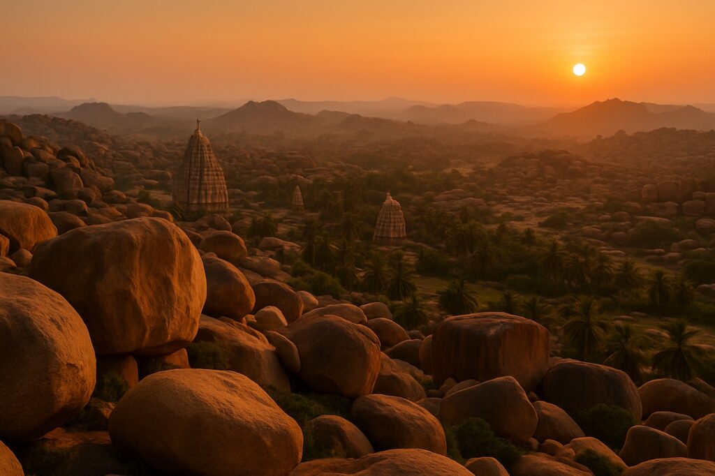 Die Granitfelsen-Landschaft von Hampi im Abendlicht