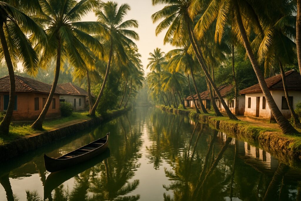 Ein Kanu auf einem schmalen palmengesäumten Kanal in den Backwaters Keralas