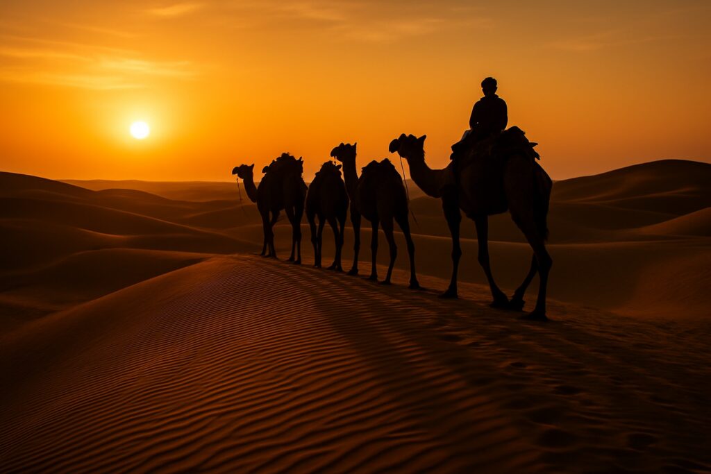 Kamelkarawane auf den Dünen der Wüste Thar bei Jaisalmer im Sonnenuntergang