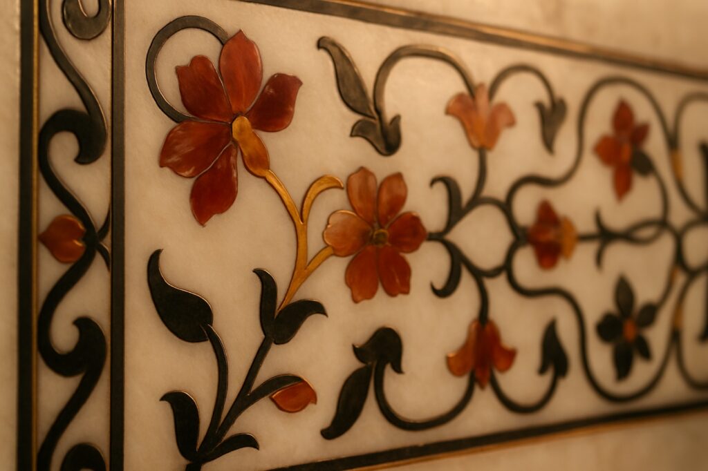 Pietra-dura-Einlegearbeit aus Halbedelsteinen am Marmor des Taj Mahal