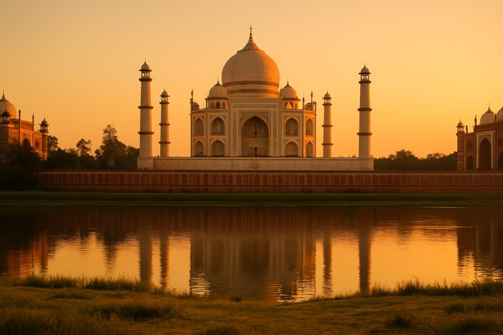 Blick auf das Taj Mahal vom Mehtab Bagh am Yamuna-Ufer bei Sonnenuntergang