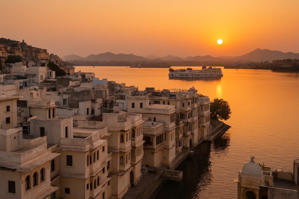 Blick über die weiße Altstadt von Udaipur und den Pichola-See bei Sonnenuntergang
