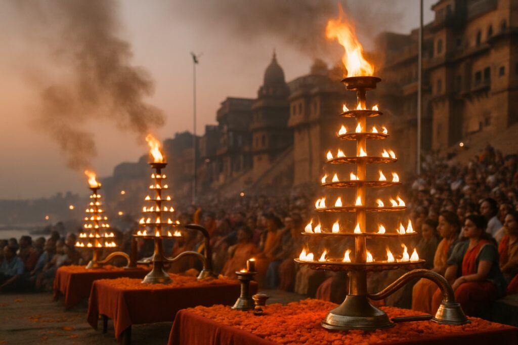 Die abendliche Feuerzeremonie Ganga Aarti in Varanasi