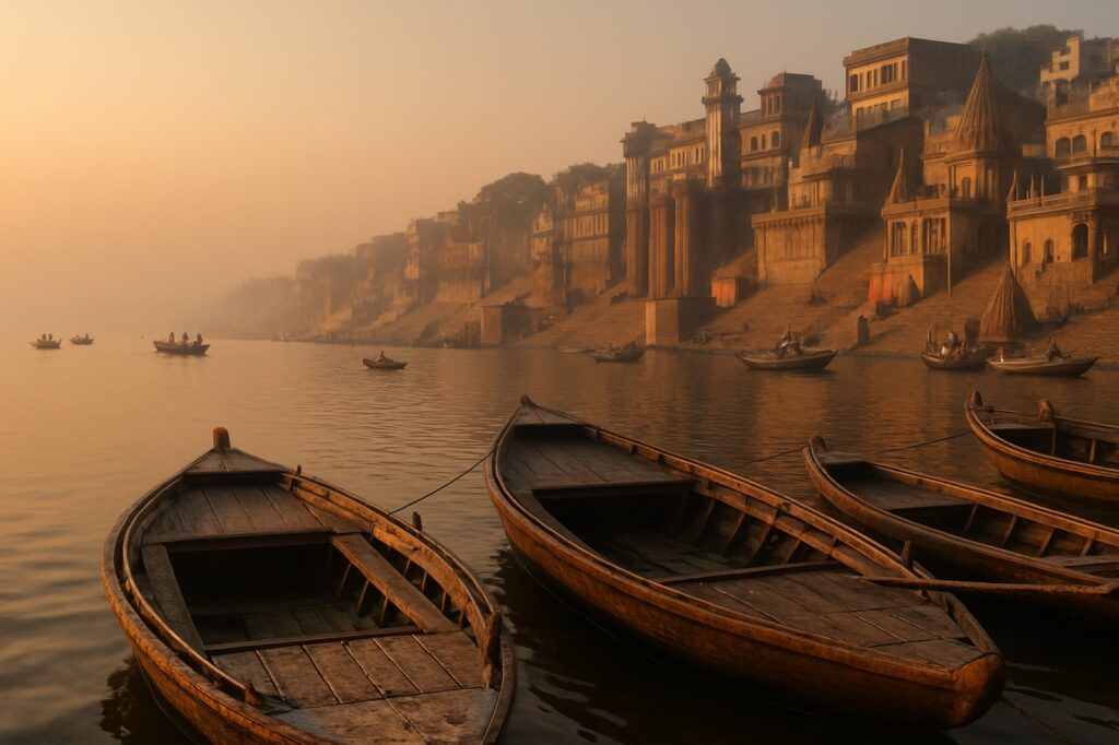 Ruderboote an den Ghats von Varanasi bei Sonnenaufgang