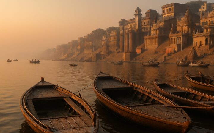 Ruderboote an den Ghats von Varanasi bei Sonnenaufgang